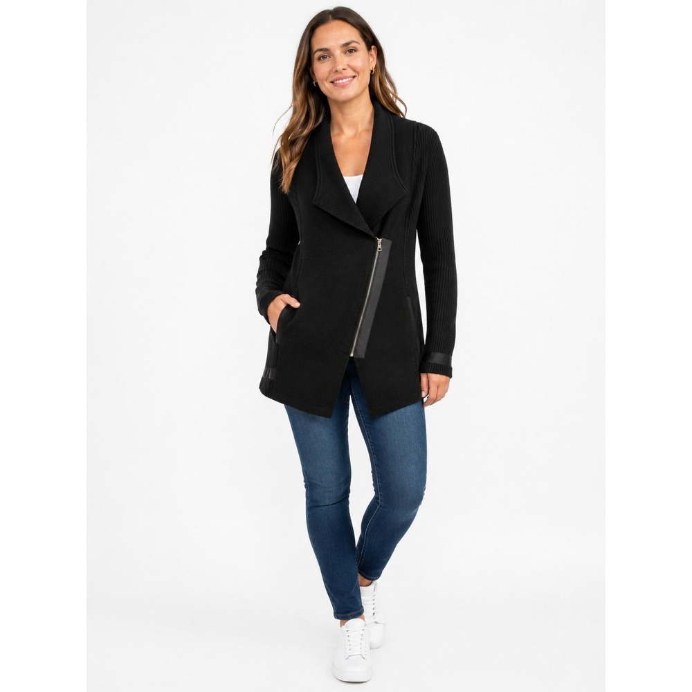 Athleta Cardigan Sweater Medium Black Merino Wool Blend Asymmetric Motto Sporty